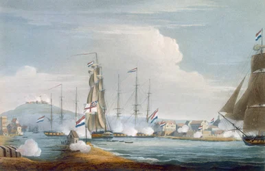Captura del puerto de Curacoa, Indias Orientales Neerlandesas, grabado por J. Bailey para 